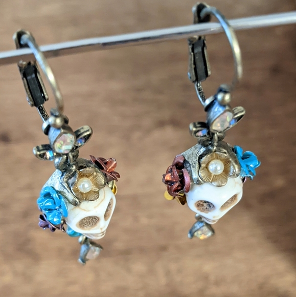 Sugar Skull Flower Sparkly Dangle Earrings - Picture 3 of 9